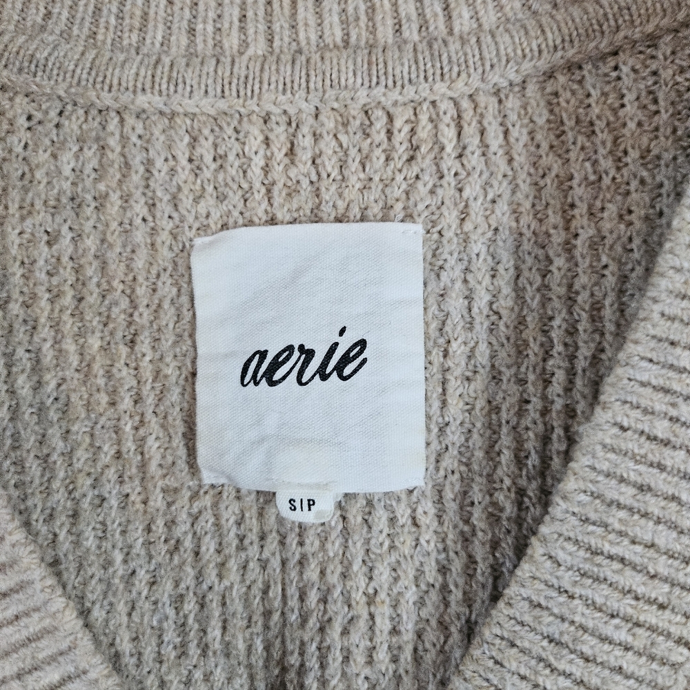 Aerie CozyUp Oversized Waffle Knit Polo Pullover Sweater, Light Beige Size S - Picture 3 of 9